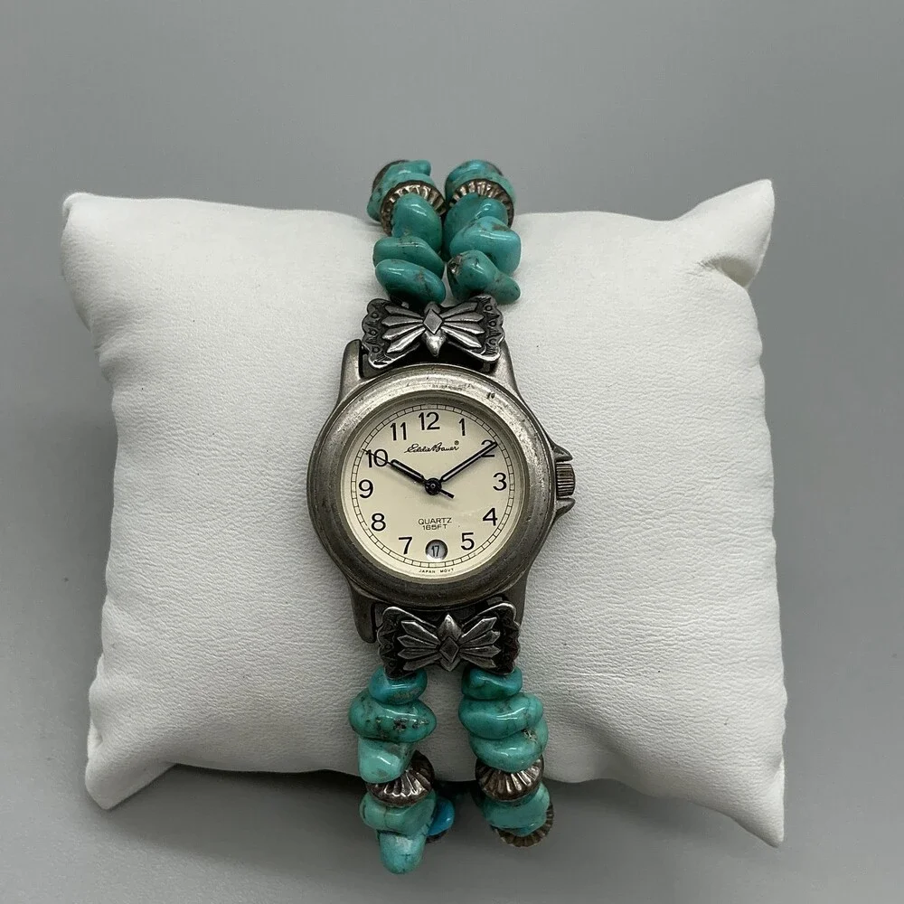 Eddie Bauer V173 Womens Watch 27mm Turquoise Beaded 925 Bracelet New Battery